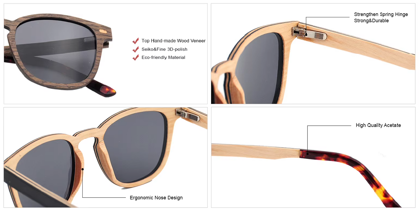Our Teddie Range Square Lens Wooden Veneer Sunglasses