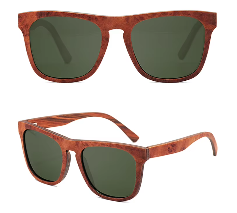 Red Burl Wooden Veneer Sunglasses with Green Lenses